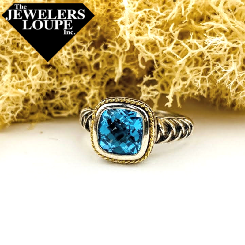 Sterling Silver and 18K Yellow Gold Rope Border and Braided Band Ring set with Cushion Cut Blue Topaz, Size 7.