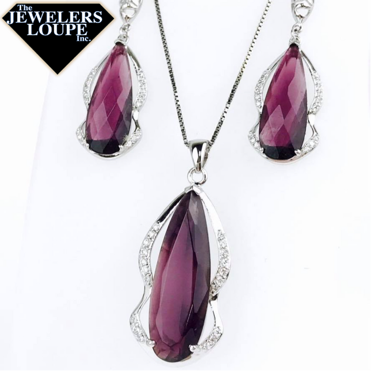 Sterling Silver Created Amethyst and CZ Teardrop Necklace (76814)