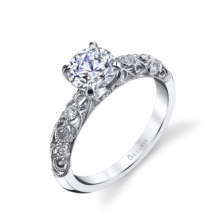 Sylvie 14K White Gold .13ctw Diamond Vintage Style Engagement Ring Semi-Mount (90602)