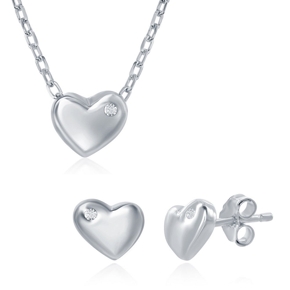 Sterling Silver Small Heart with Single CZ Necklace & Earrings Set (91336)