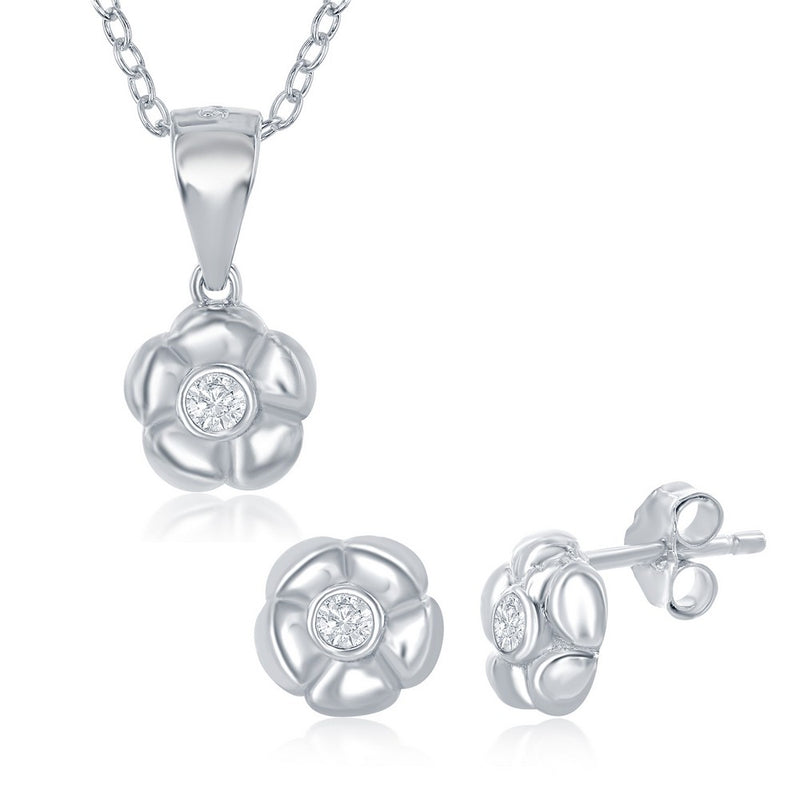 Sterling Silver Small Flower with Single CZ Necklace & Earrings Set (91337)