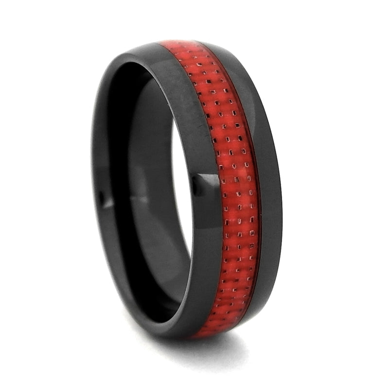 Comfort Fit 8mm Black High-Tech Ceramic Wedding Band with Red Carbon Fiber Inlay