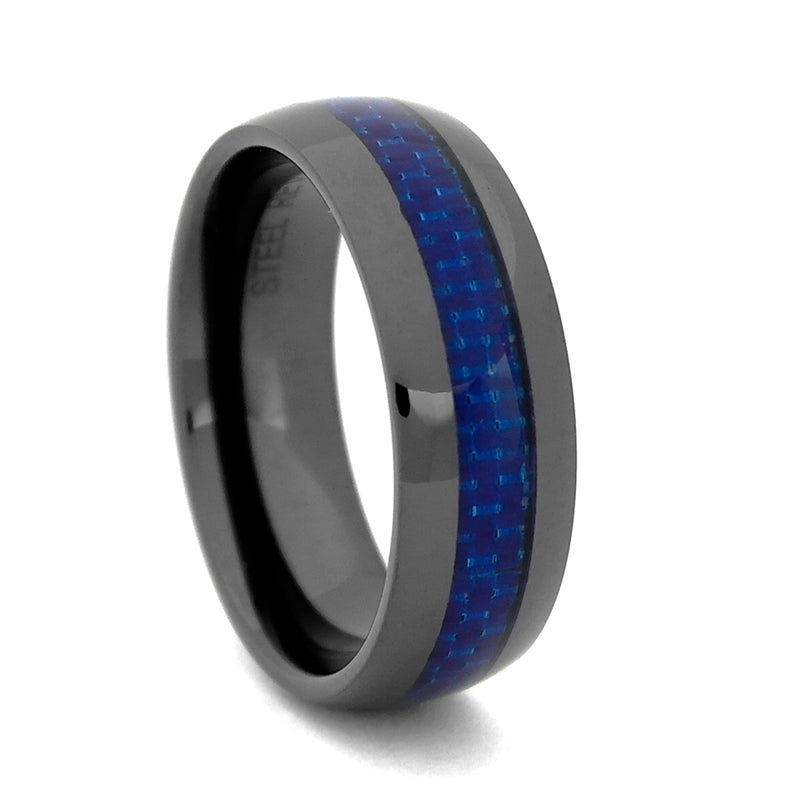 Comfort Fit 8mm Black High-Tech Ceramic Wedding Band with Blue Carbon Fiber Inlay