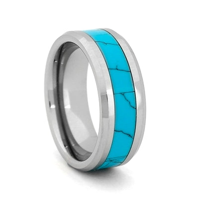 Tungsten Carbide Wedding Ring With Turquoise Inlay, Size 11 (93614)