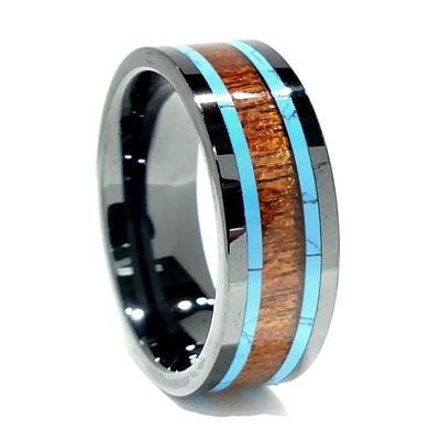 Comfort Fit 8mm High-Tech Ceramic Band With Koa Wood and Turquoise Inlay