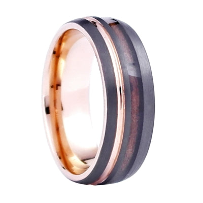 Tungsten Carbide Wedding Ring, Whiskey Barrel Inlay and Rose Gold Color Accents, Size 10 (92416)