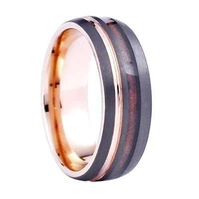 Comfort Fit Domed 8mm Tungsten Carbide Wedding Ring with Whiskey Barrel Inlay And Rose Gold Color Accents