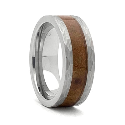 Hammered Tungsten Carbide Wedding Ring With Whiskey Barrel Inlay
