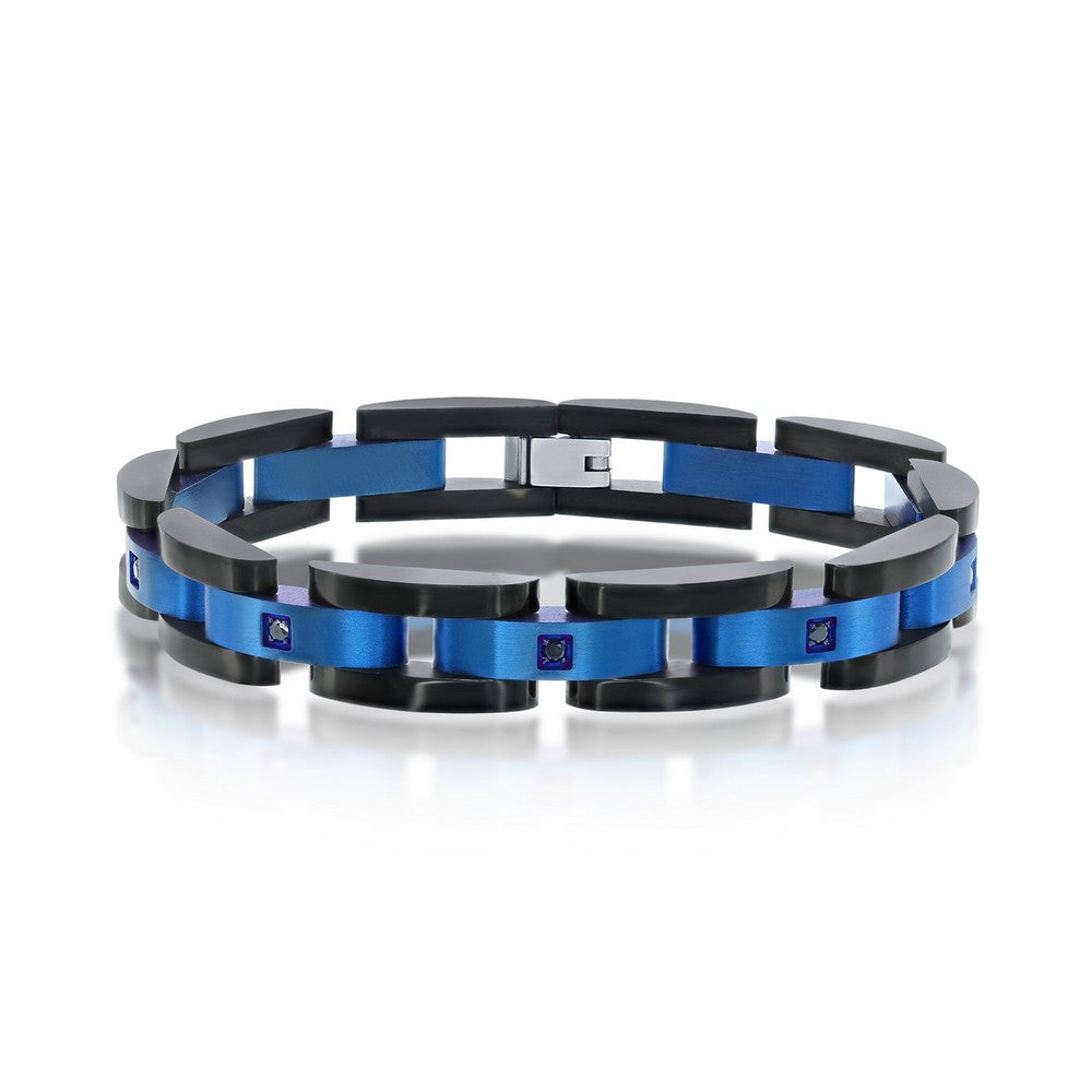 Stainless Steel Alternating Blue and Black Link with Cubic Zirconia Bracelet, 8.5"