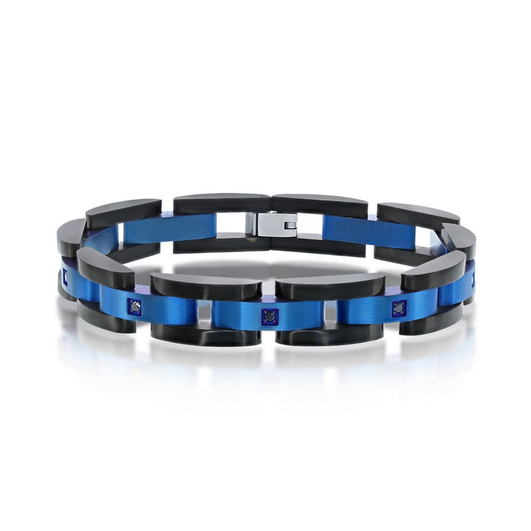Stainless Steel Blue and Black Cubic Zirconia Link Bracelet, 8.5