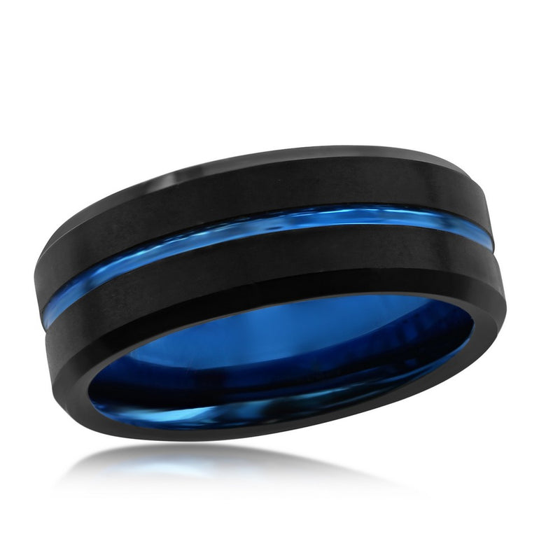 Comfort Fit 8mm Black Tungsten Carbide Wedding Ring with Blue Center Stripe, Size 10.