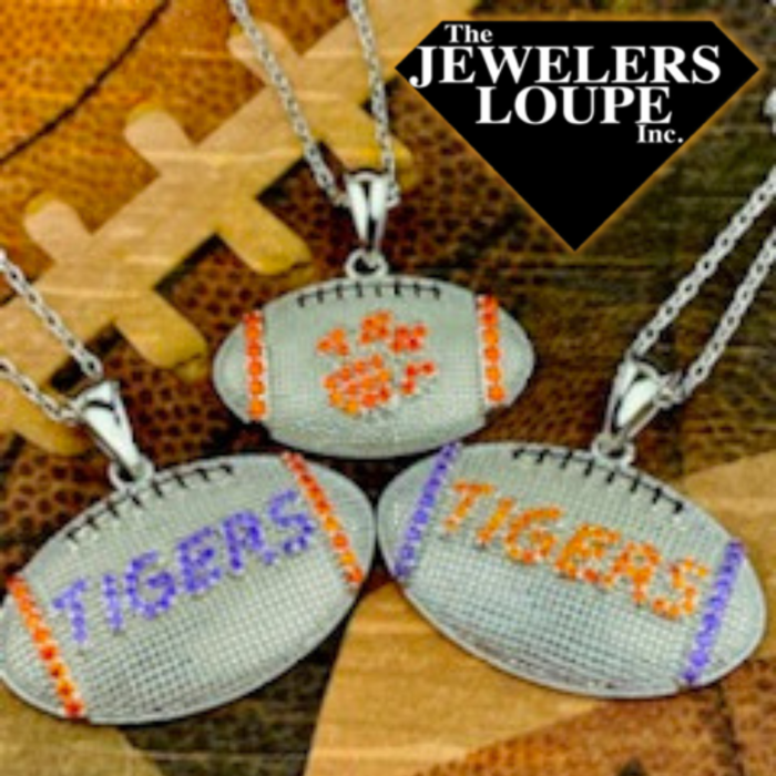 Sterling Silver Football Necklace with Orange and Purple Cubic Zirconia Tigers (98277)