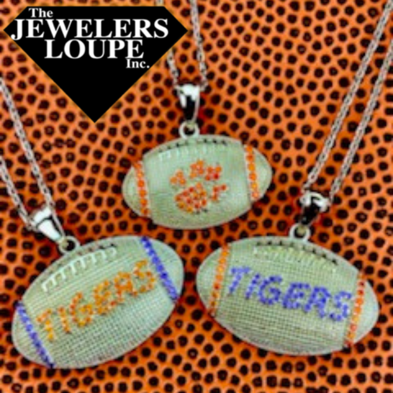 Sterling Silver Football Necklace with Purple and Orange Cubic Zirconia Tigers (98276)