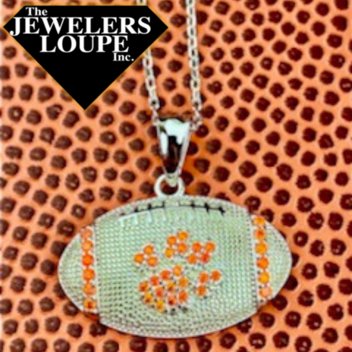 Sterling Silver Football Necklace with Orange Cubic Zirconia Paw (98088)