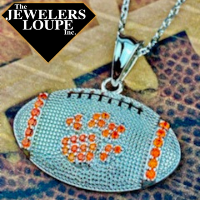 Sterling Silver Football Necklace with Orange Cubic Zirconia Paw (98088)