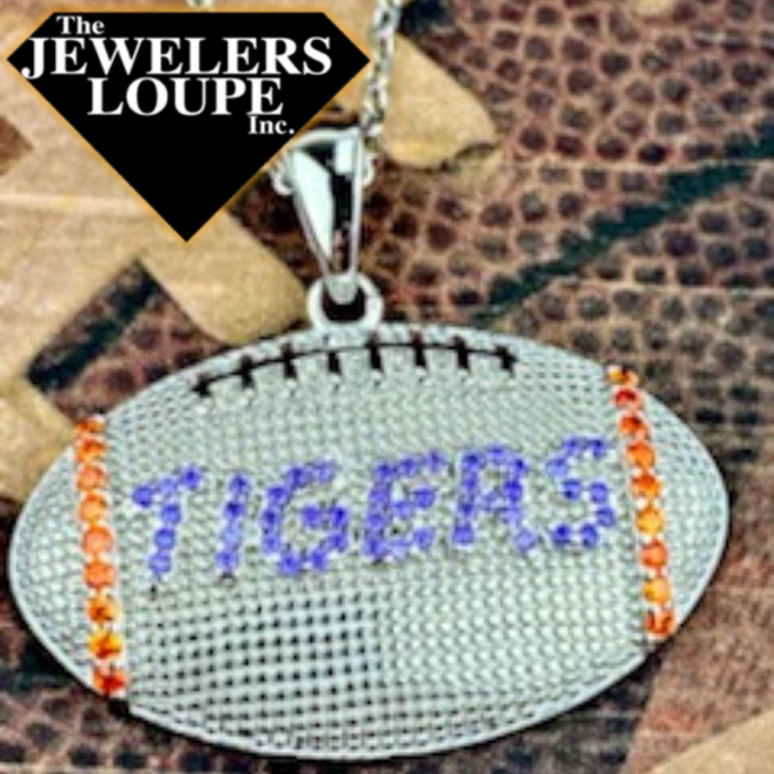 Sterling Silver Football Necklace with Purple and Orange Cubic Zirconia Tigers (98276)