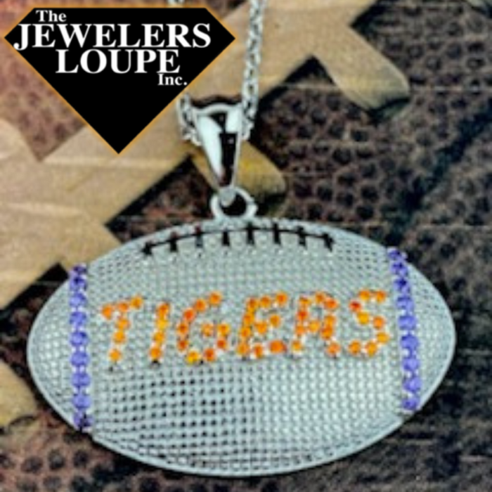 Sterling Silver Football Necklace with Orange and Purple Cubic Zirconia Tigers (98277)