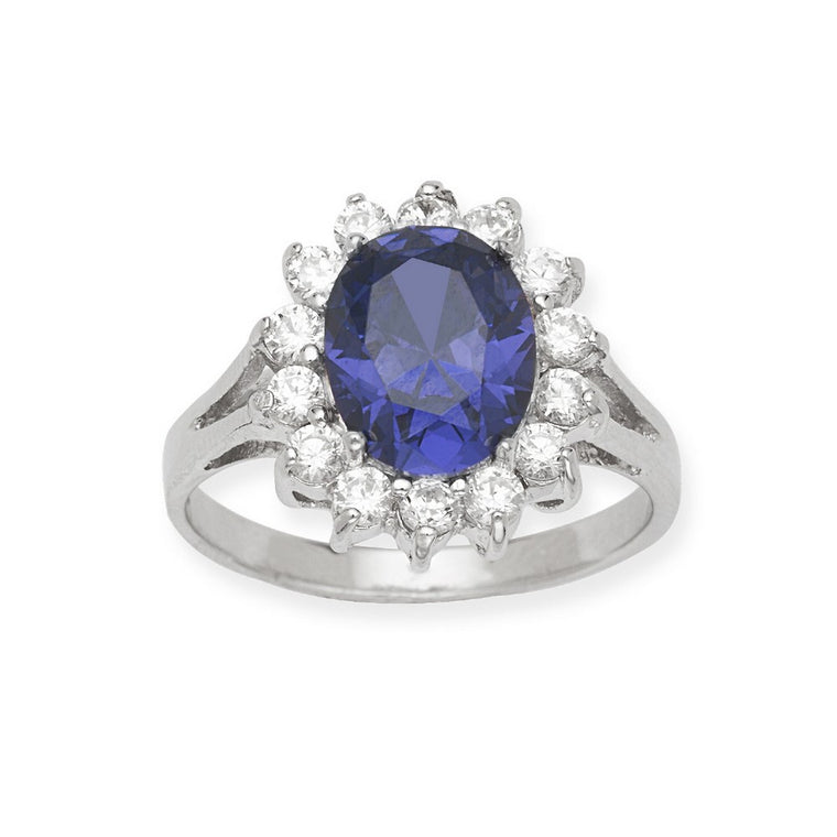 Sterling Silver Oval Tanzanite CZ with Clear CZ Halo Ring, Size 7 (91104)