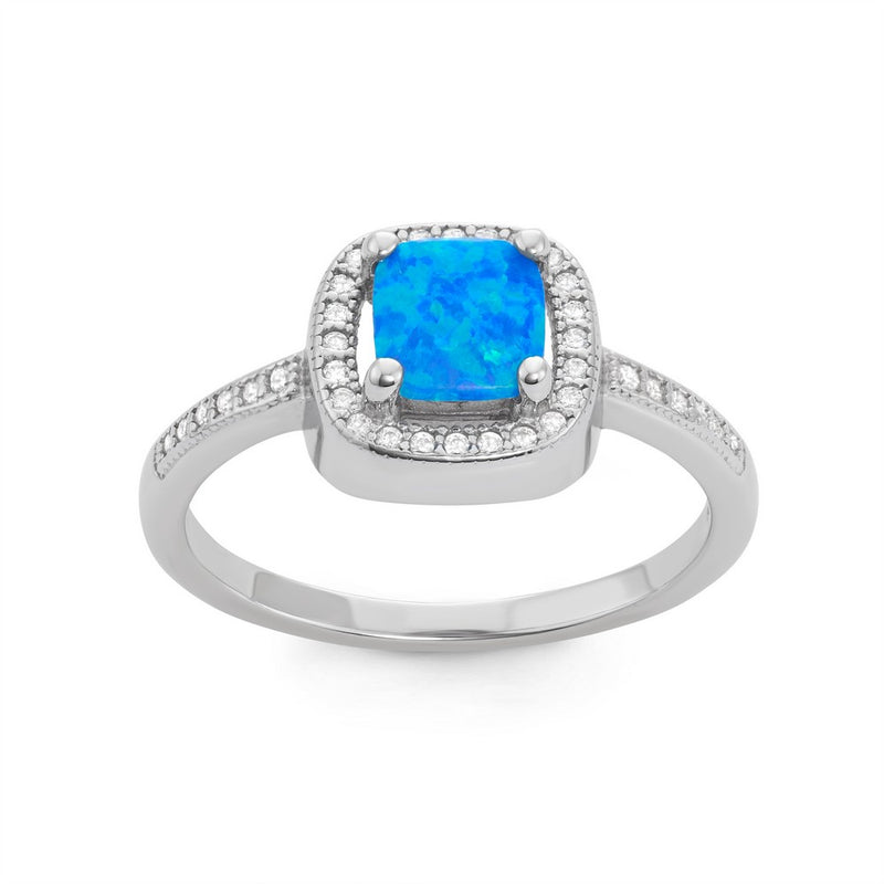 Sterling Silver Created Blue Opal Inlay CZ Halo Ring, Size 7.