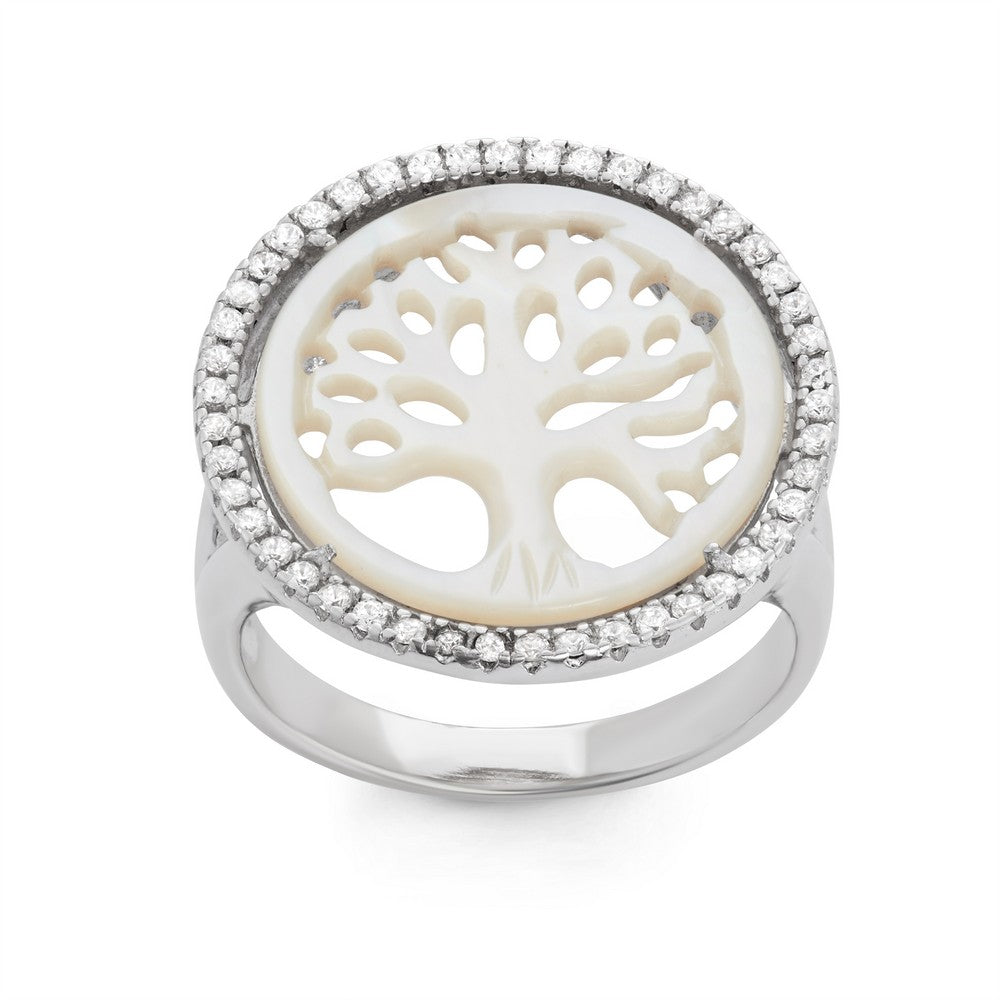 Sterling Silver Round Cut Out MOP Tree of Life With CZ Border Ring, Size 9 (92459)