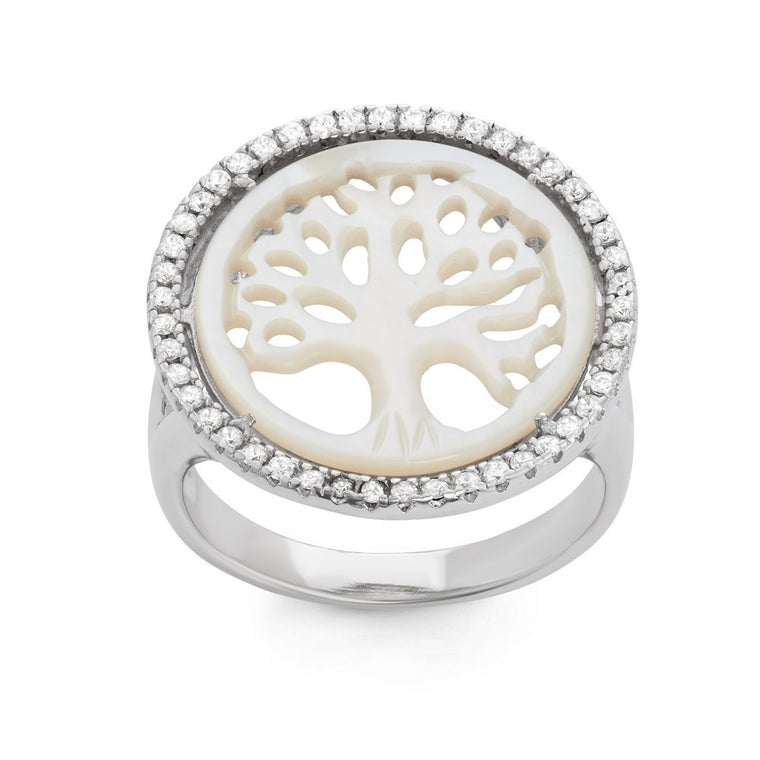Sterling Silver Round Cut Out MOP Tree of Life With CZ Border Ring, Size 9 (92459)