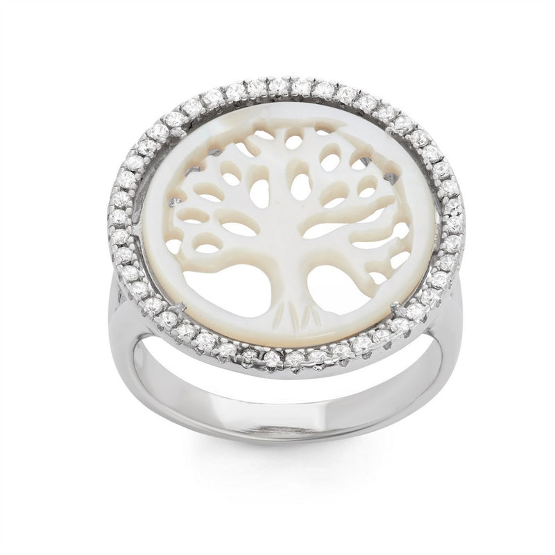 Sterling Silver Round Cut Out MOP Tree of Life With CZ Border Ring, Size 9 (92459)