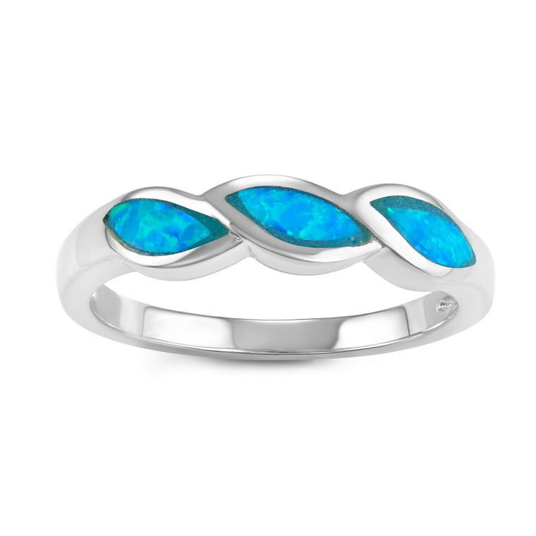 Sterling Silver Created Blue Opal Inlay Wavy Design Ring, Size 7 (96646)