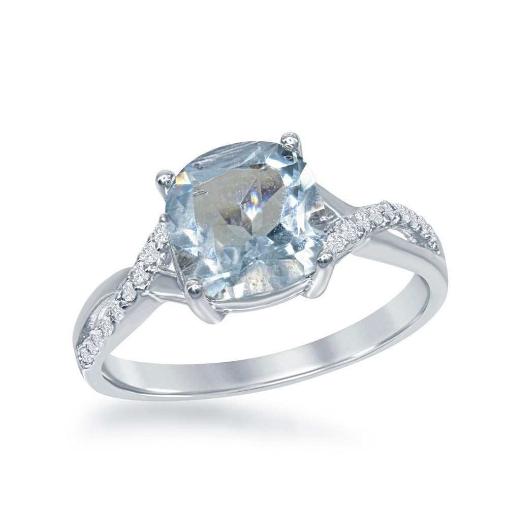 Sterling Silver Small Square Blue Topaz with White Topaz on Side Ring