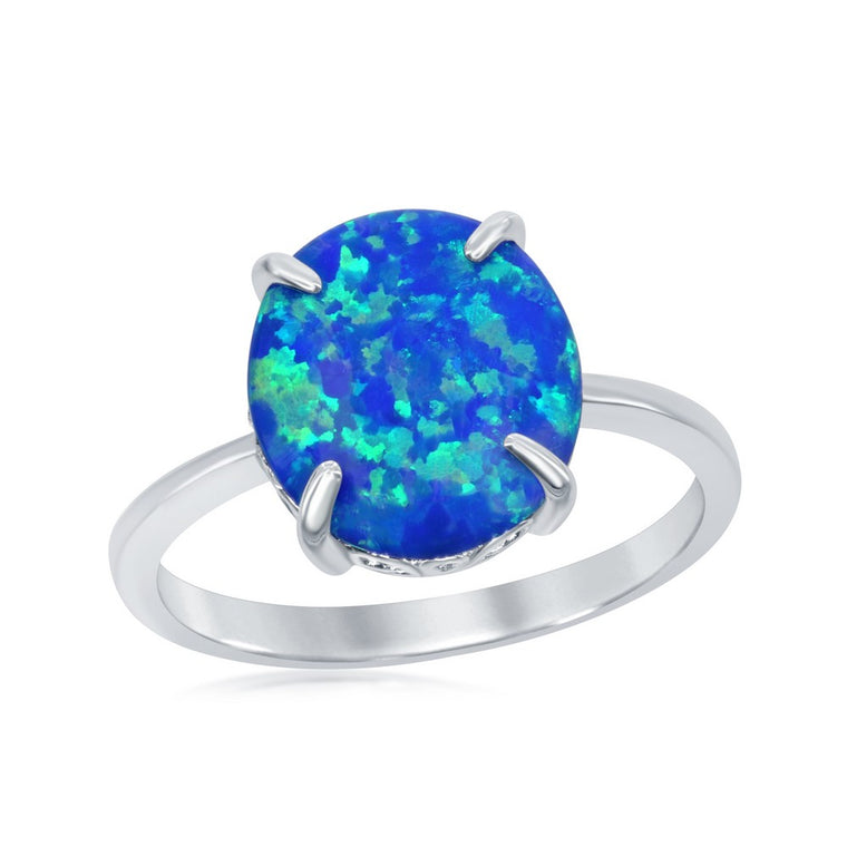 Sterling Silver Four-Prong Oval Blue Inlay Created Opal Ring, Size 7 (96648)