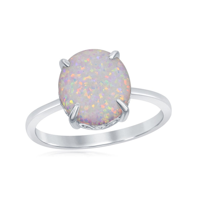 Sterling Silver Four-Prong Oval White Inlay Created Opal Ring, Size 8 (94196)