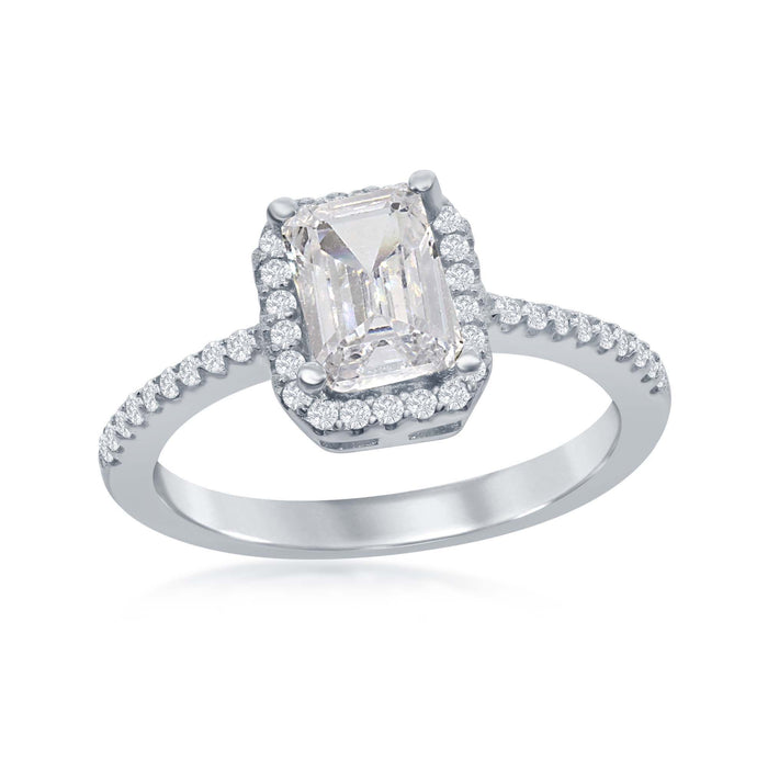 Sterling Silver Emerald Cut Cubic Zirconia Halo Ring