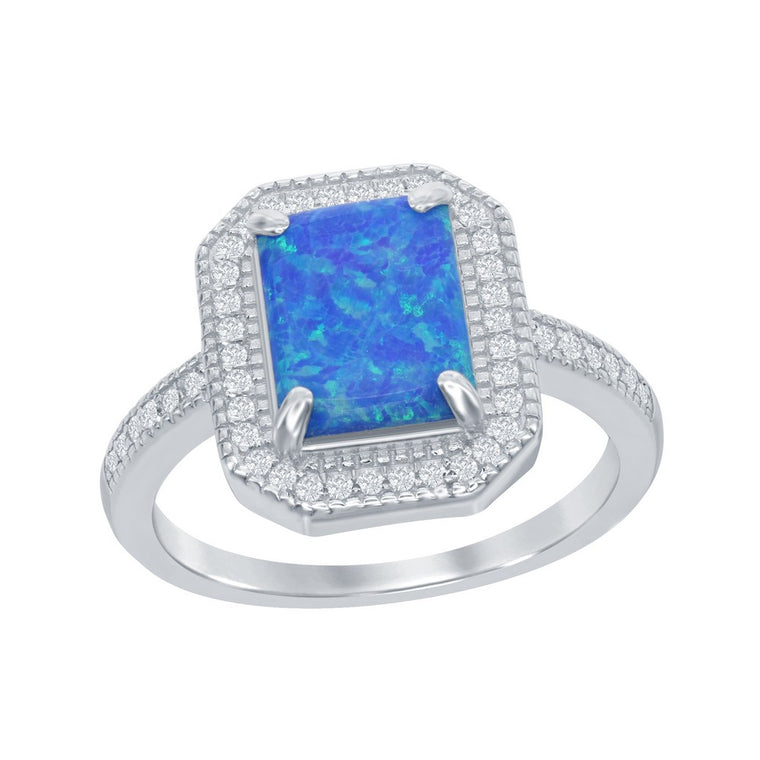 Sterling Silver Rectangle Blue Inlay Created Opal with CZ Halo Ring, Size 7 (96649)
