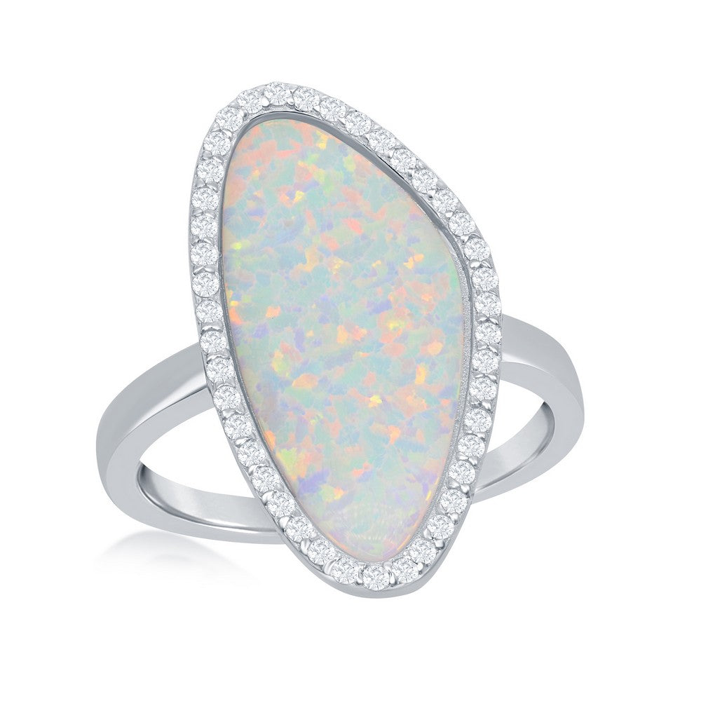 Sterling Silver Created White Opal with CZ Border Ring