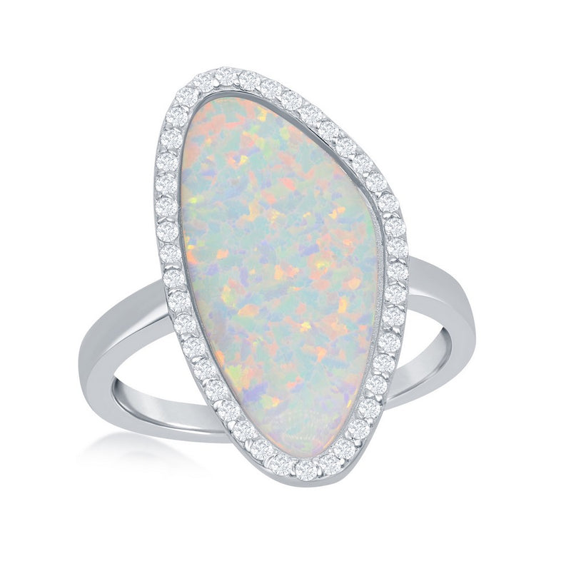 Sterling Silver Created White Opal with CZ Border Ring