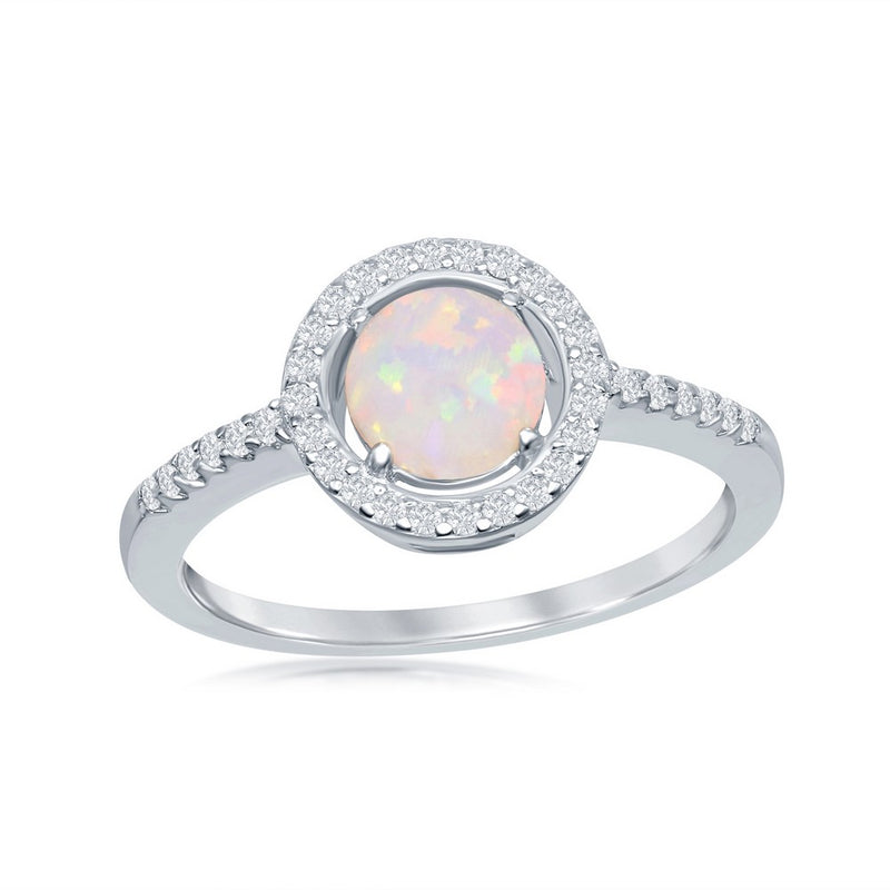 Sterling Silver Round Created White Opal with CZ Halo Ring