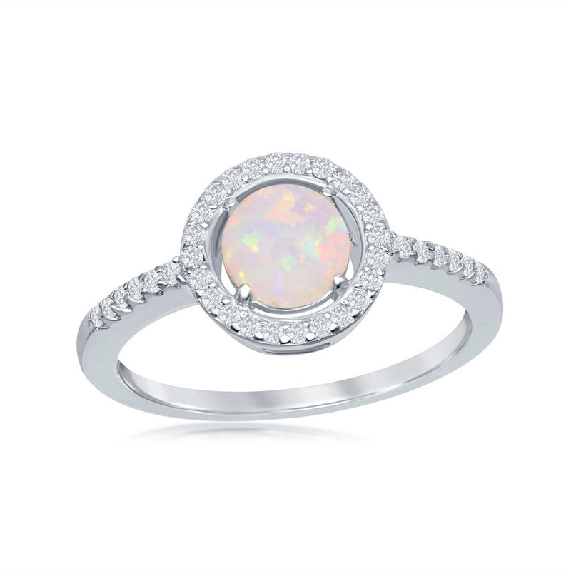 Sterling Silver Round Created White Opal with CZ Halo Ring, Size 7 (93111)