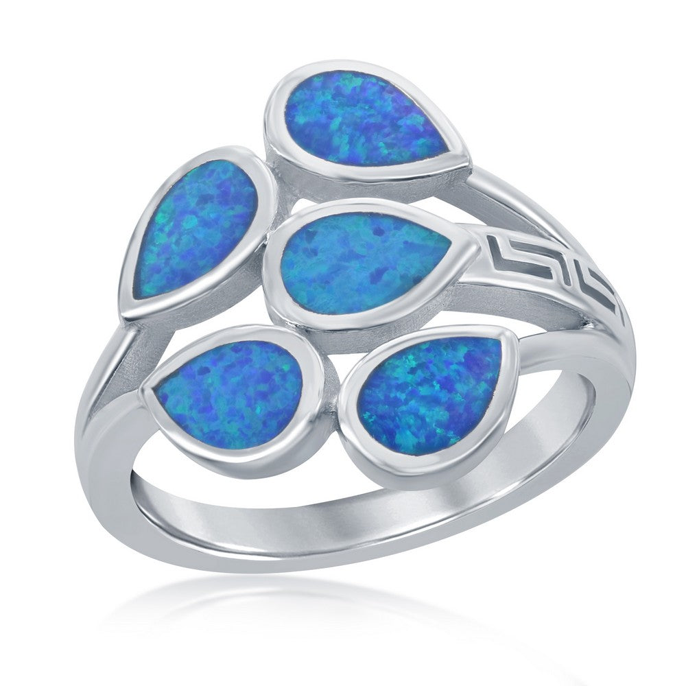 Sterling Silver Multi Pear Shape Blue Inlay Created Opal Ring, Size 7