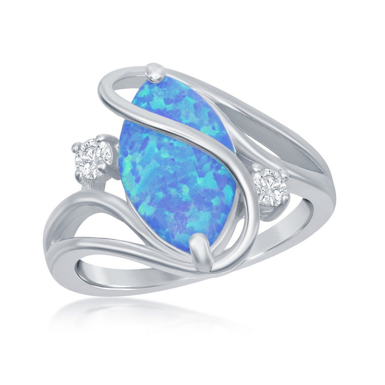 Sterling Silver Oval Created Blue Opal and CZ Ring with Twist Design, Size 7 (96651)