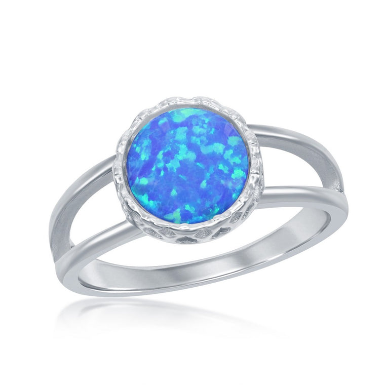 Sterling Silver Round Created Blue Opal Ring with Split Shank, Size 7 (96652)