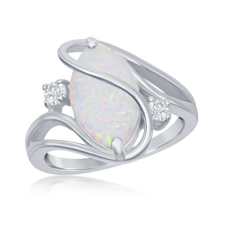Sterling Silver Oval Created White Opal and CZ Ring with Twist Design, Size 7 (96643)