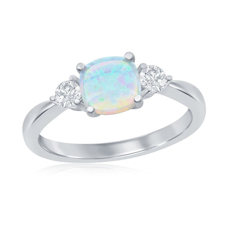 Sterling Silver Square Opal and Round CZ Ring, Size 8. (98720)