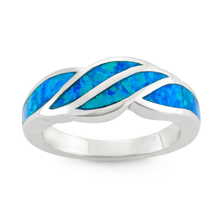 Sterling Silver Created Blue Opal Inlay Wavy Design Ring, Size 7 (96653)