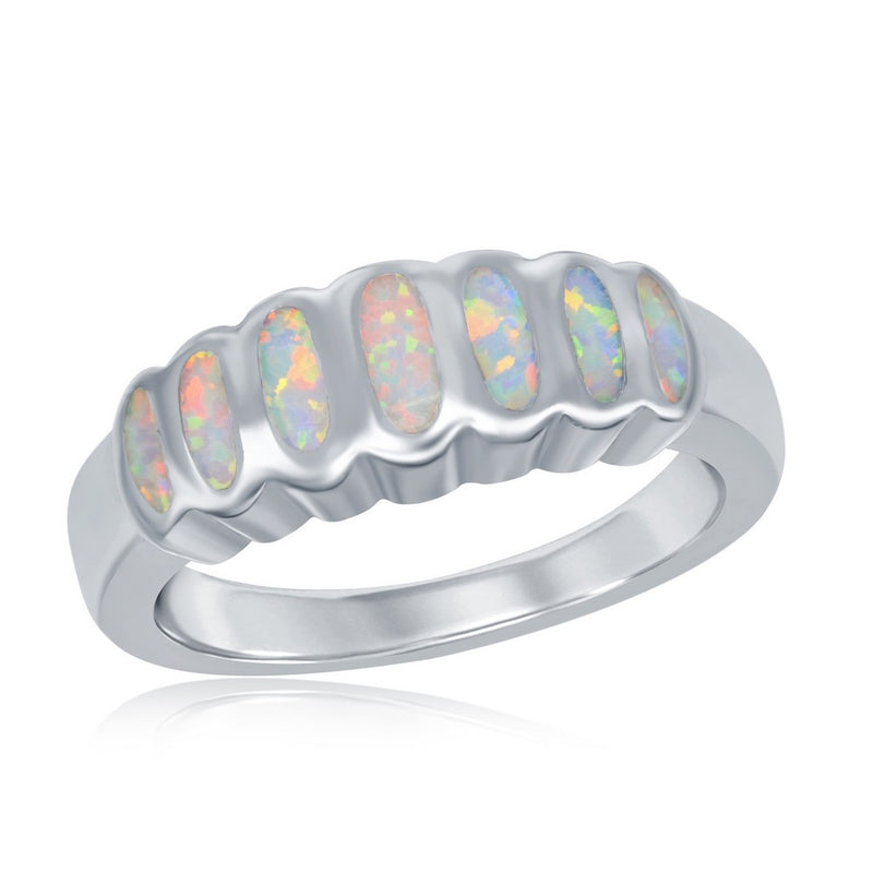 Sterling Silver Multi Oval Created White Opal Inlay Ring, Size 7.