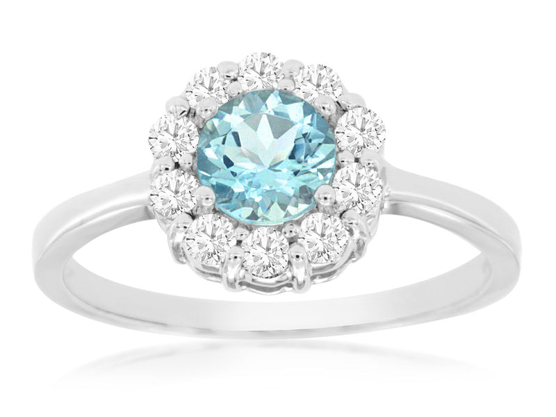 14K White Gold Diamond and Aquamarine Round Halo Ring