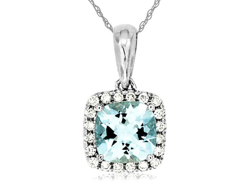 Cushion Shaped Halo Pendant set with .85ctw Aquamarine and .11ctw Diamonds in 14K White Gold with 18" 14K White Gold Chain.