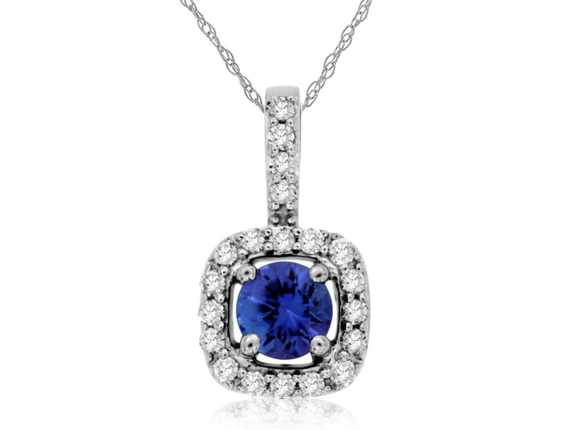 Square Halo Pendant set with .25ctw Round Tanzanite and .14ctw Diamonds in 14K White Gold with 18" 14K White Gold Chain.
