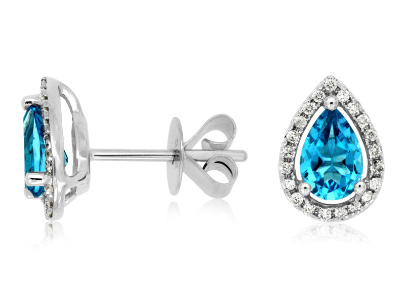 14K White Gold Stud Halo Earrings set with 1ctw Pear Shape Genuine Blue Topaz surrounded by .12ctw Diamond.  *color of stones may vary from picture