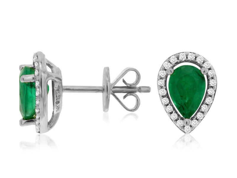 14K White Gold Stud Halo Earrings set with .75ctw Pear Shape Genuine Emerald surrounded by .12ctw Diamond.  *color of stones may vary from picture