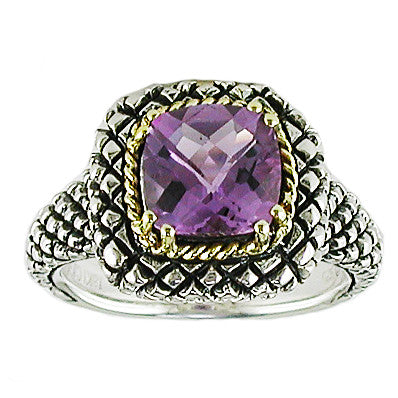 Andrea Candela 18K Yellow Gold and Sterling Silver 8mm Cushion Amethyst Ring, Size 7 (83311)