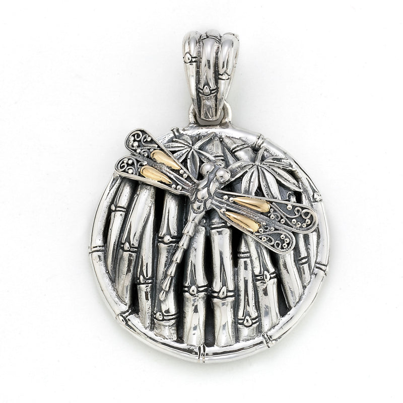Samuel B Sterling Silver and 18K Yellow Gold Bamboo and Dragonfly Pendant 